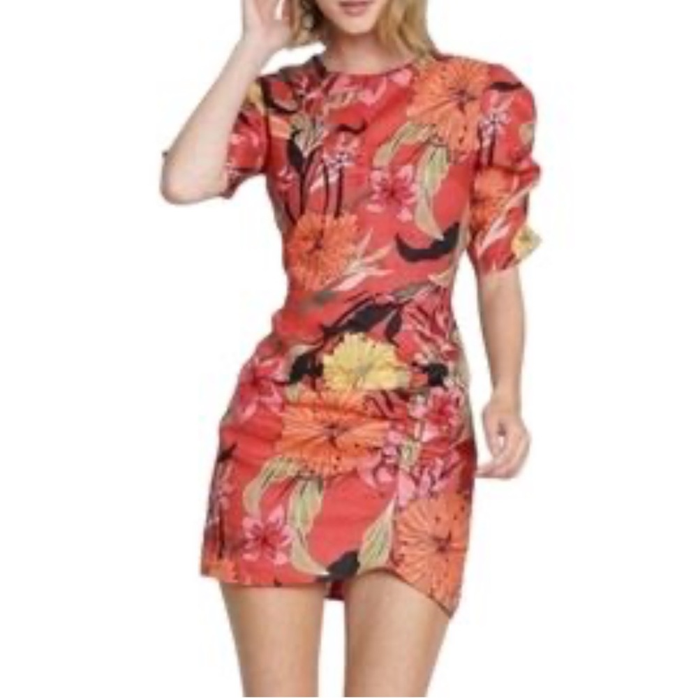 dRa Anthropologie Colorful Hawaiian 100% Linen Luxury Pink Puff Sleeve Dress S